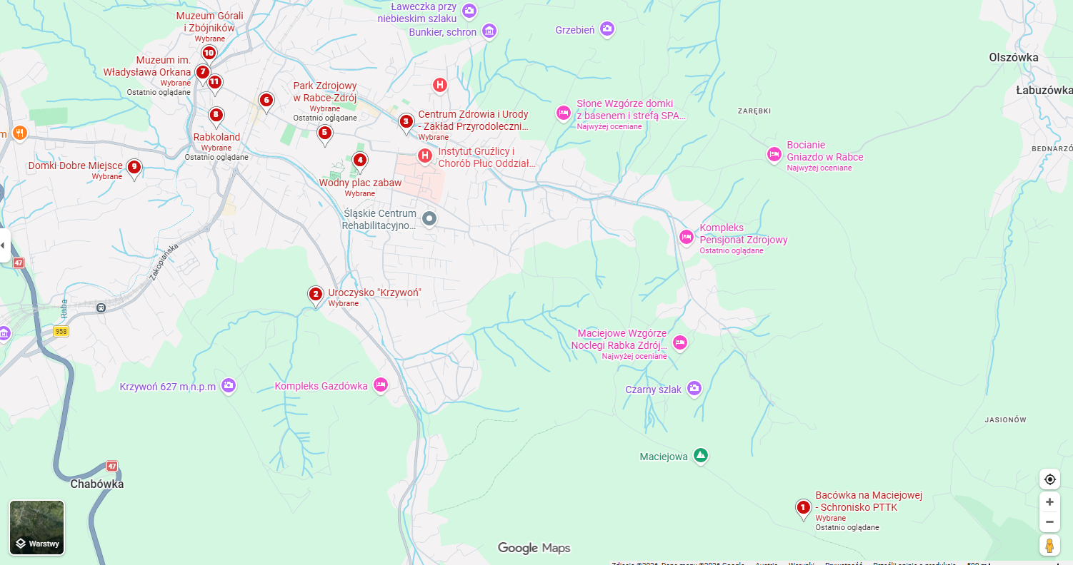 Mapa tygodnia atrakcji w Rabce-Zdrój — numery dni 1–7